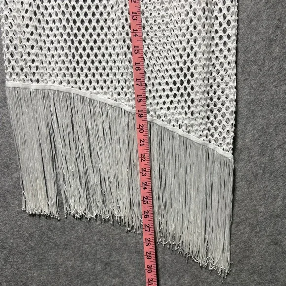 BLU White Fishnet Mesh Fringe Midi Skirt Asymmetrical Hem Large Coastal Festival - Picture 4 of 6